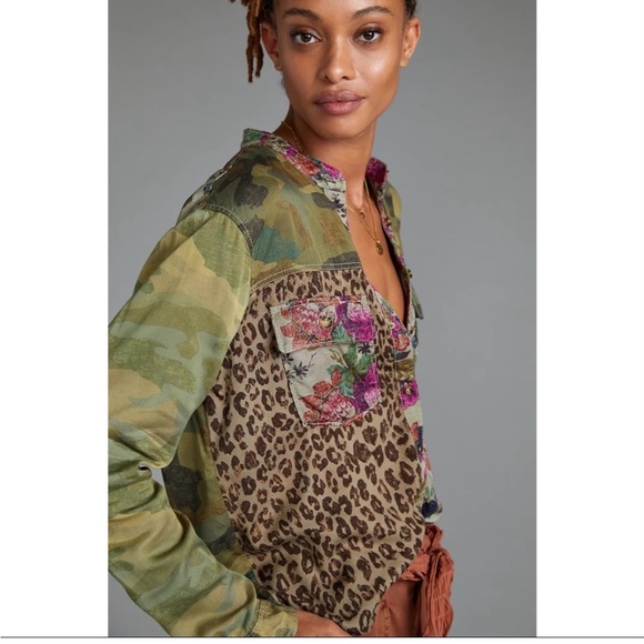 Anthropologie Pilcro Camo Leopard Floral Print Relaxed Button Down Shirt - XS - Picture 2 of 15